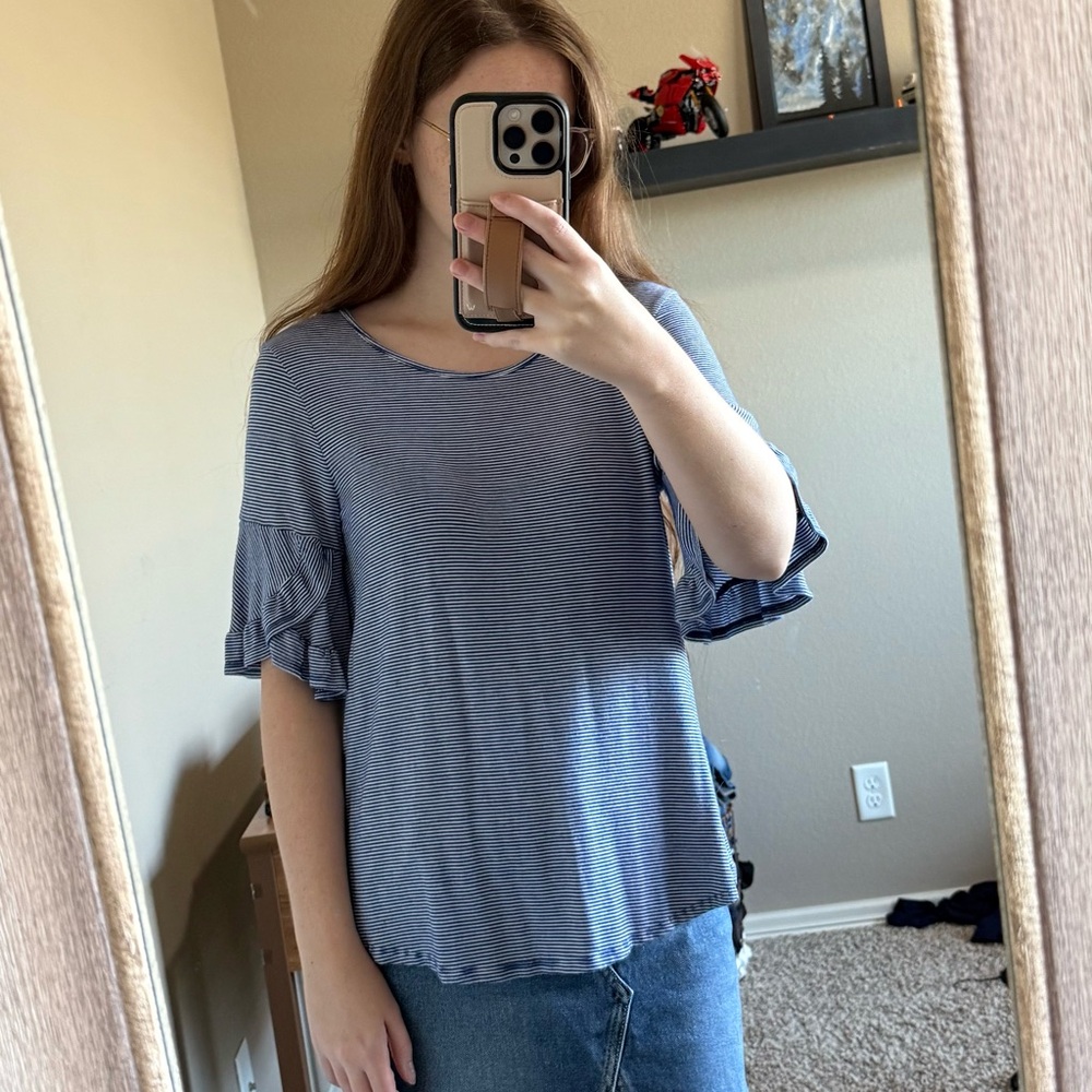 Blue Flutter Sleeve Ruffled Blouse